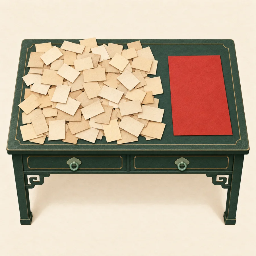 A desk buried under tiny paper slips while one large document lies ignored