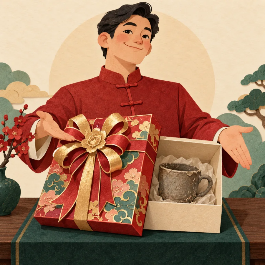 A man shows off a fancy box hiding an old worn item inside