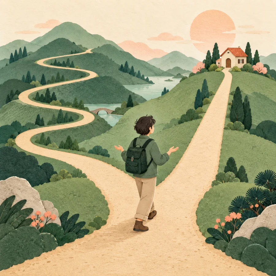 A person chooses a short straight path instead of the long winding road
