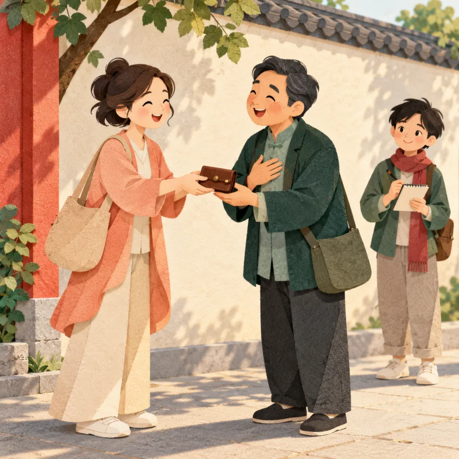 A person hands a lost wallet back to a stranger