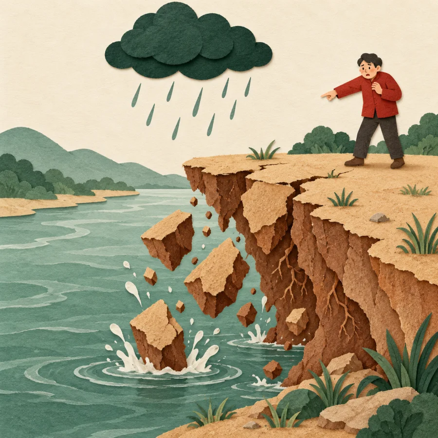 A riverbank edge crumbles into the water under a dark cloud