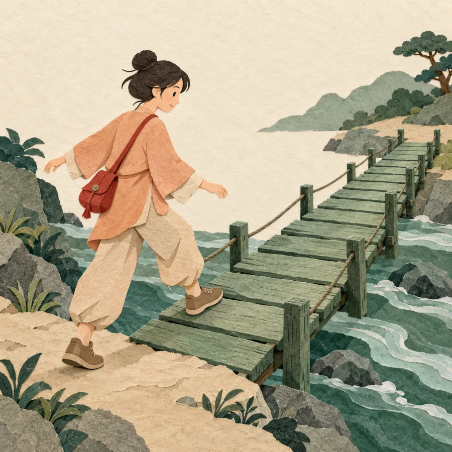 A traveler takes a first step onto a wooden bridge