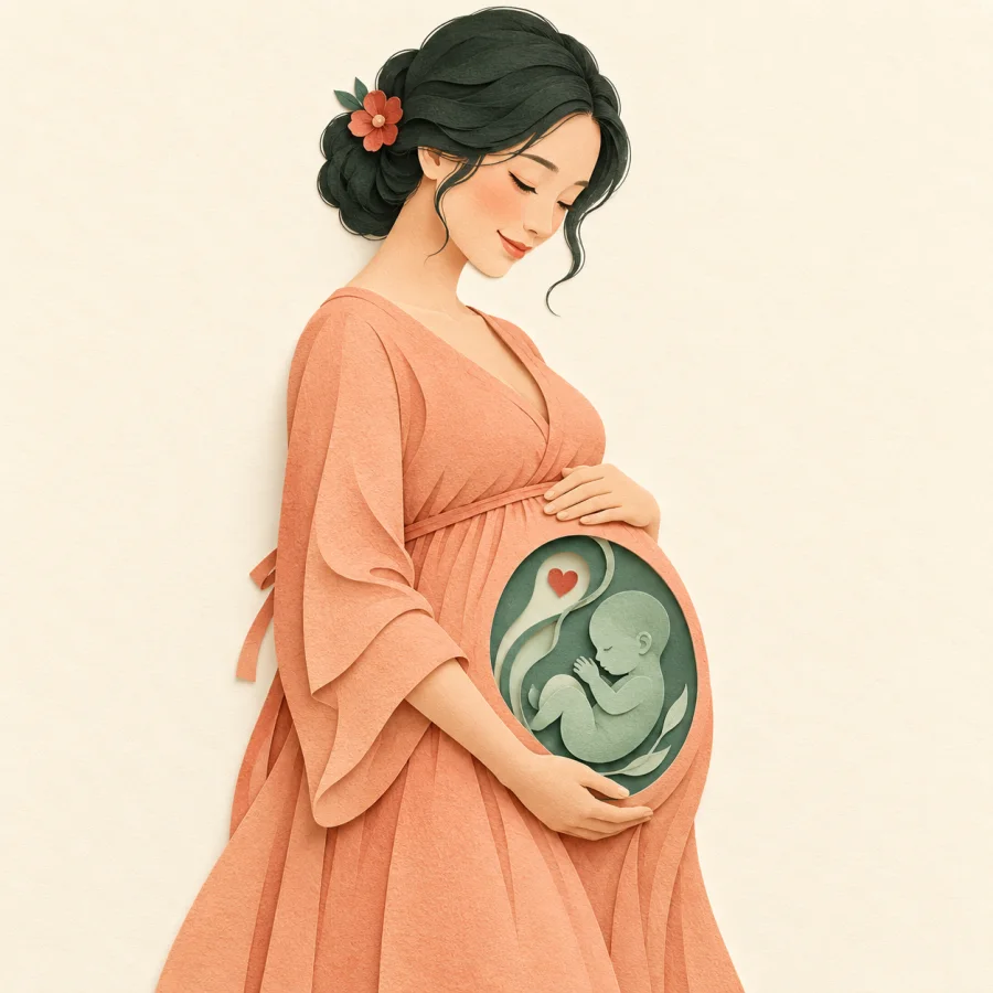 A pregnant woman gently holds her rounded belly
