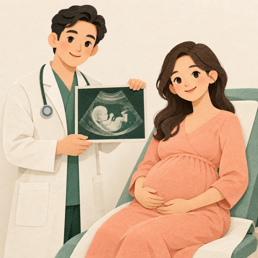 A doctor shows an ultrasound scan to a pregnant woman