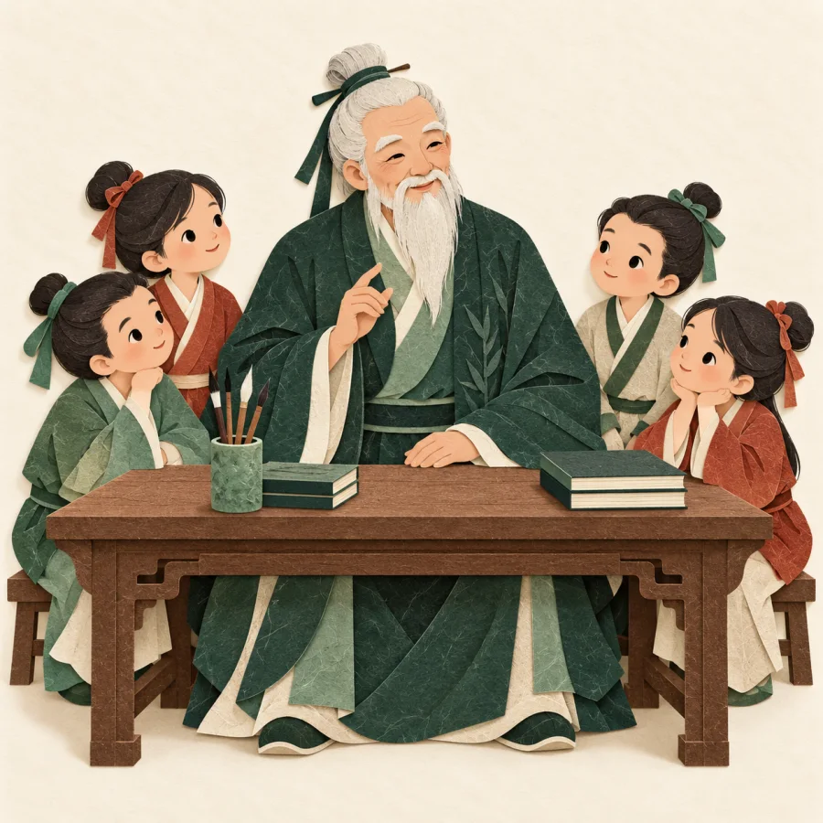 An elderly scholar at a desk surrounded by note-taking students