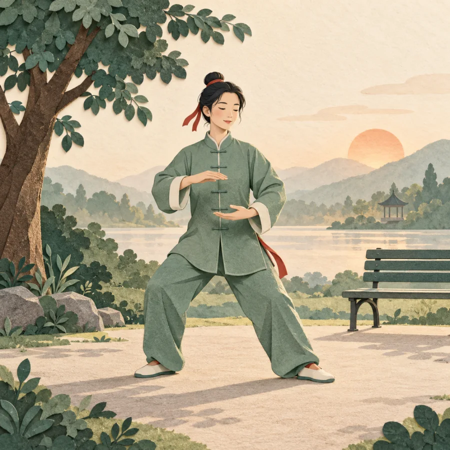 A person practicing a slow tai chi pose in a morning park