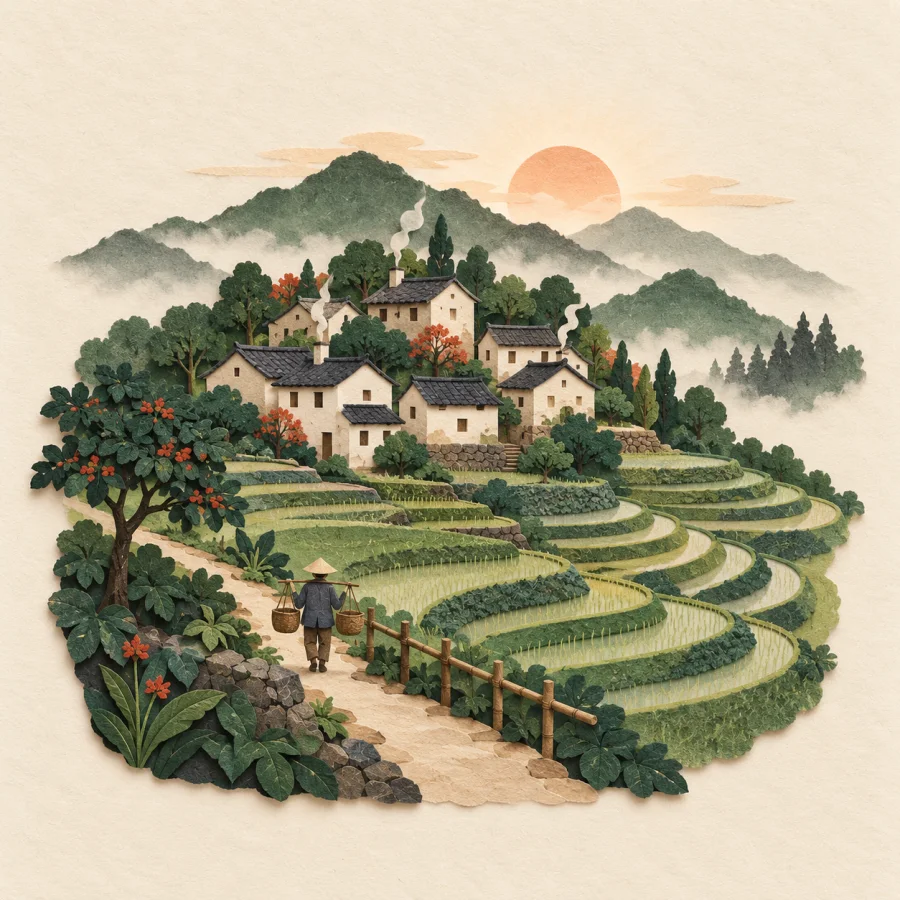 A peaceful village with green fields under a clear sky