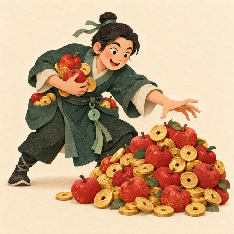 A person reaching for a pile of coins while bulging sacks already sit nearby
