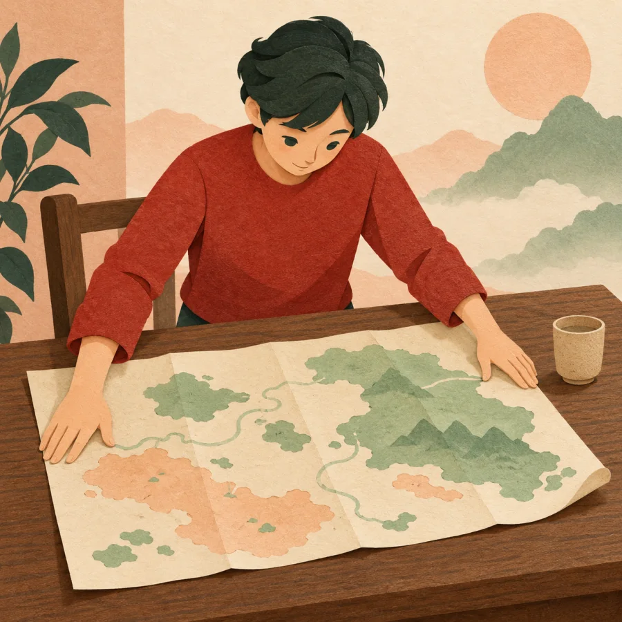 A person smoothing out a large map on a wide wooden table