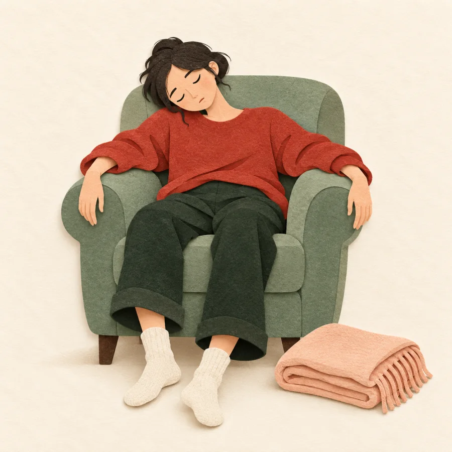 An exhausted person slumped limply in a soft armchair