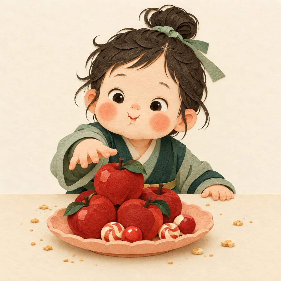 A little child with full cheeks reaching for a plate of sweets