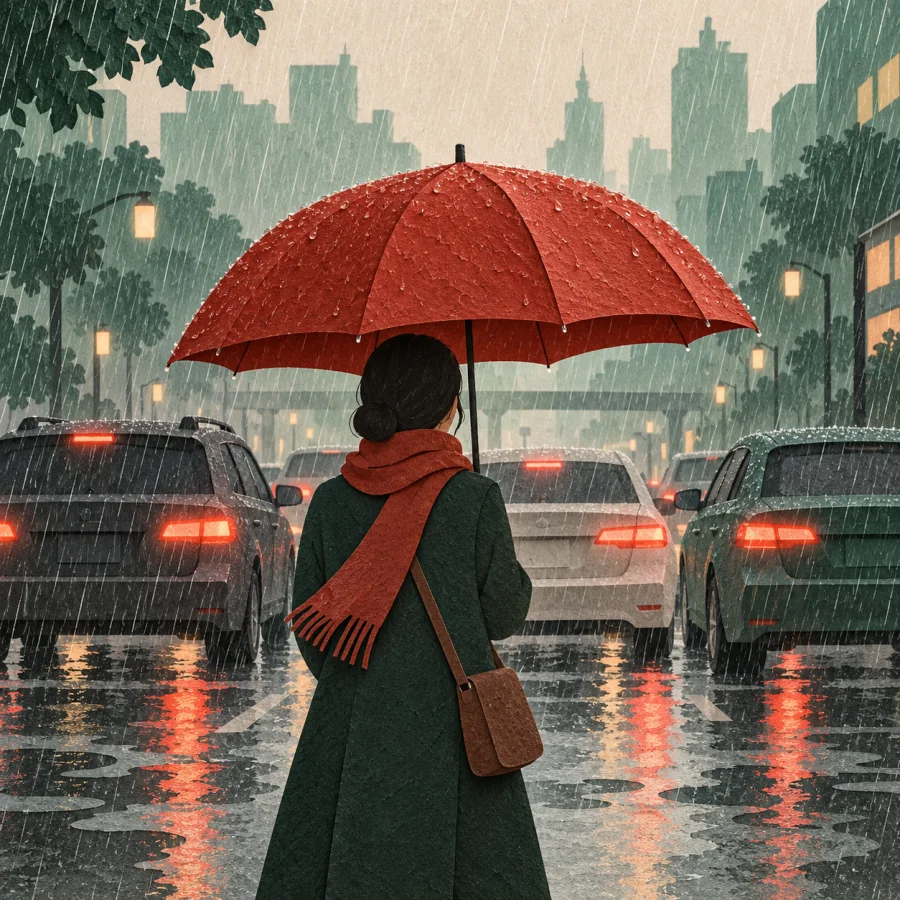 Cars stand motionless in heavy rain as a person holds a red umbrella beside them