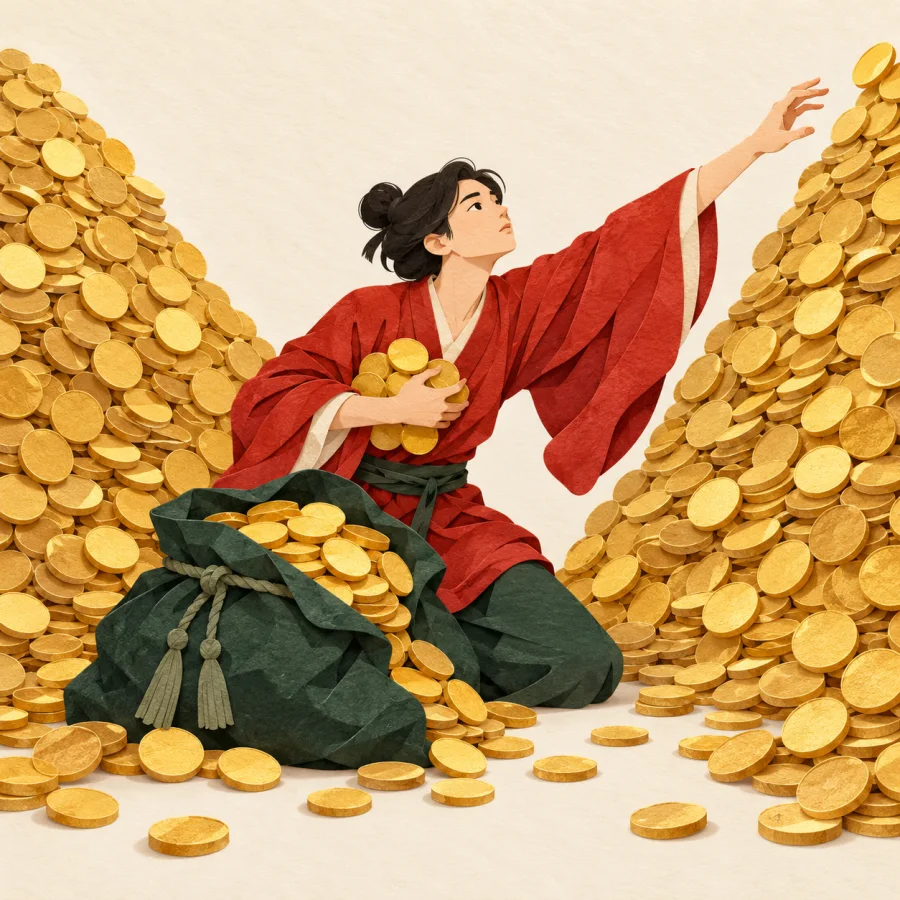 A person greedily gathers a pile of coins while reaching for one more