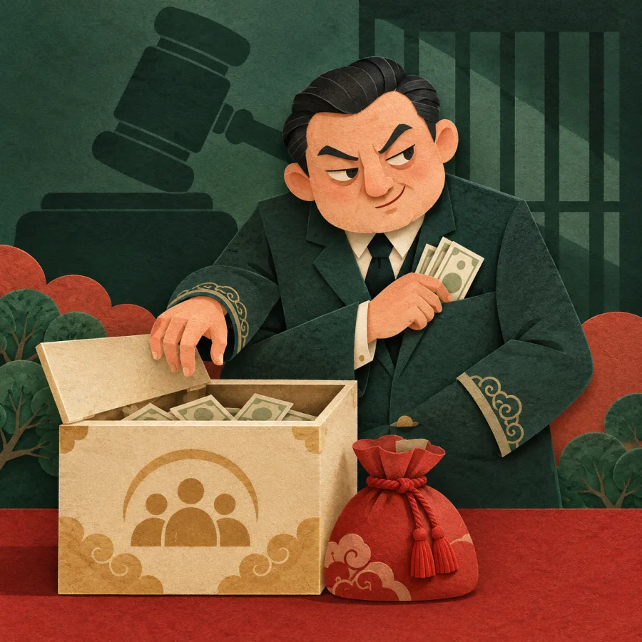 An official in an office holding a money bag, with prison bars beside him