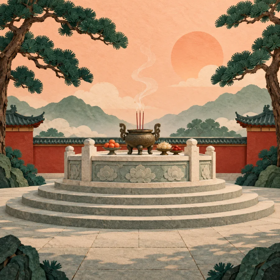 A round stone altar with an incense bowl in an old temple courtyard