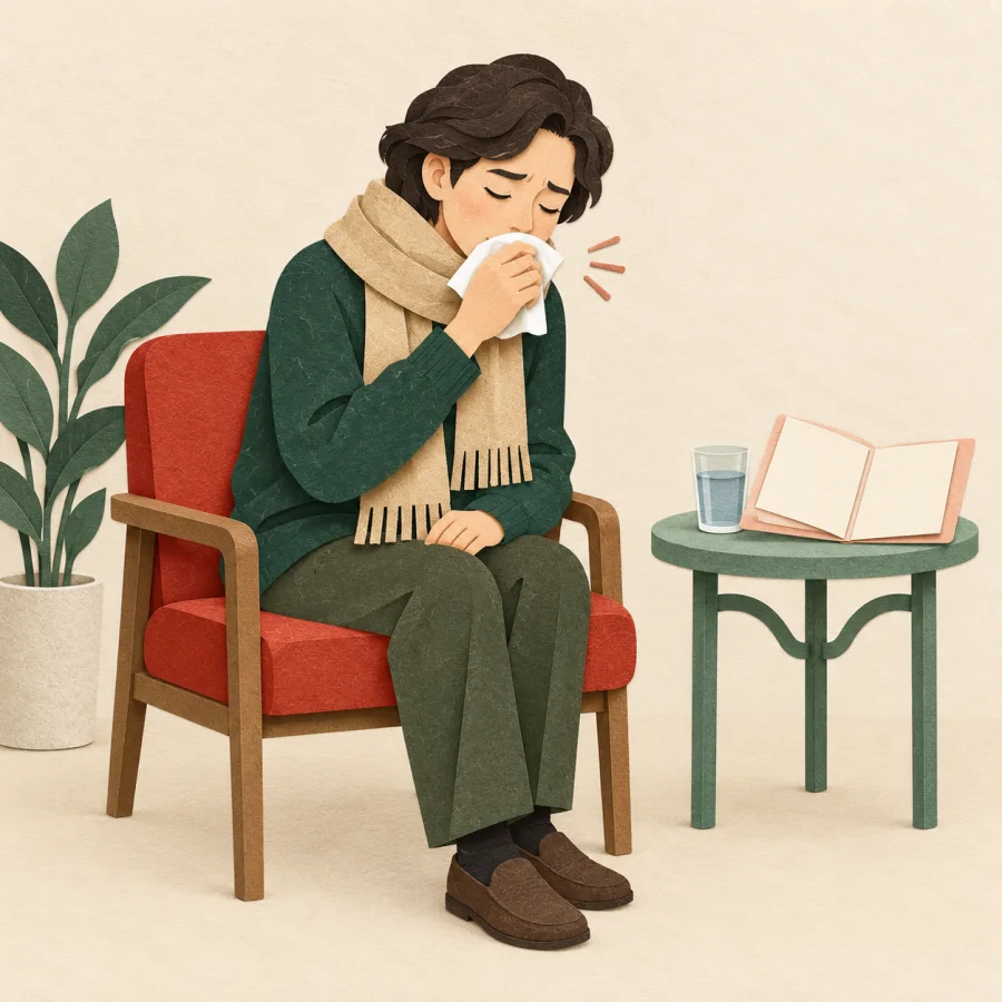 A person wrapped in a scarf coughs into a handkerchief beside a water cup