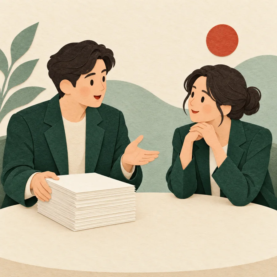 A colleague discusses a stack of reports with a partner at a table