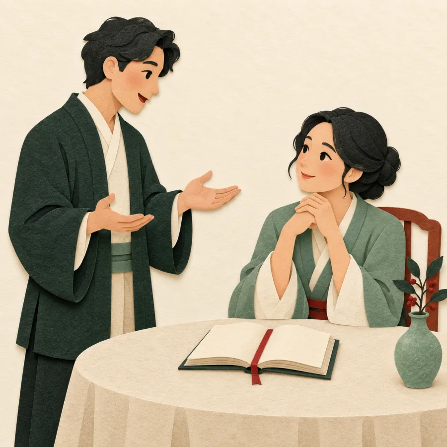 A person with open palms confesses to a listener over an open ledger