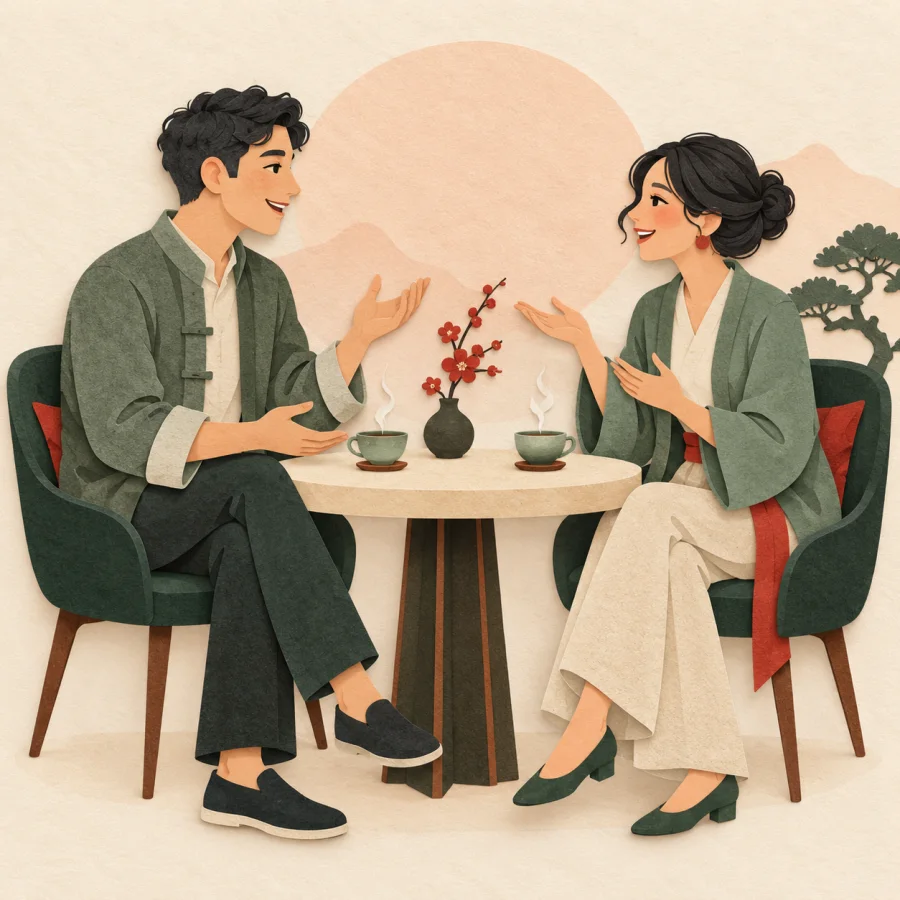 Two people talk frankly face to face over cups of tea
