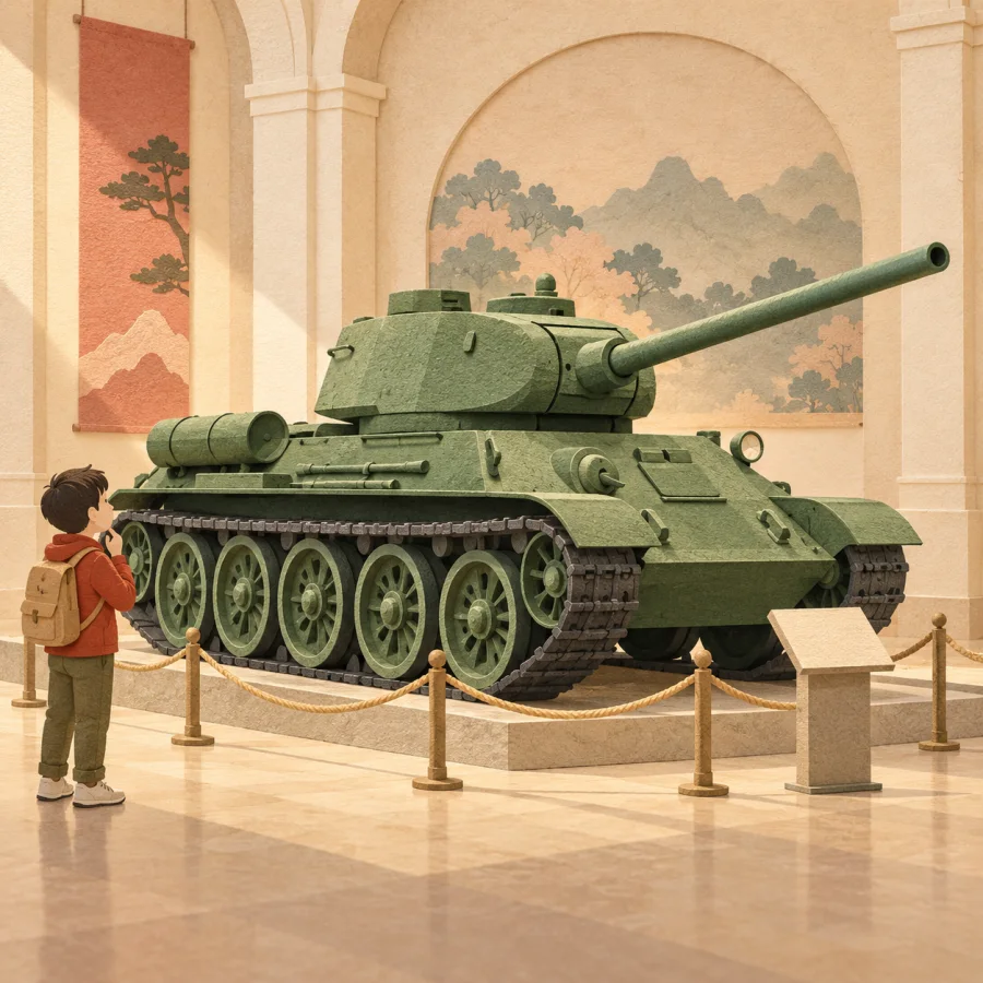 A visitor studies an old green tank in a museum
