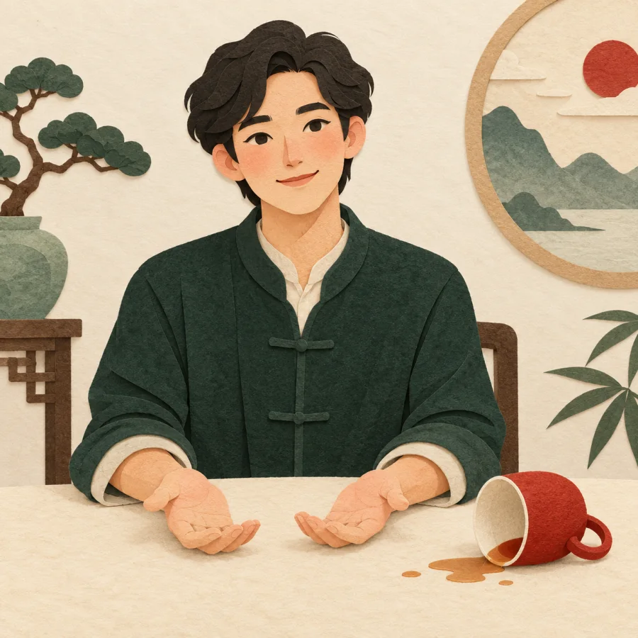A person smiles calmly beside an overturned teacup