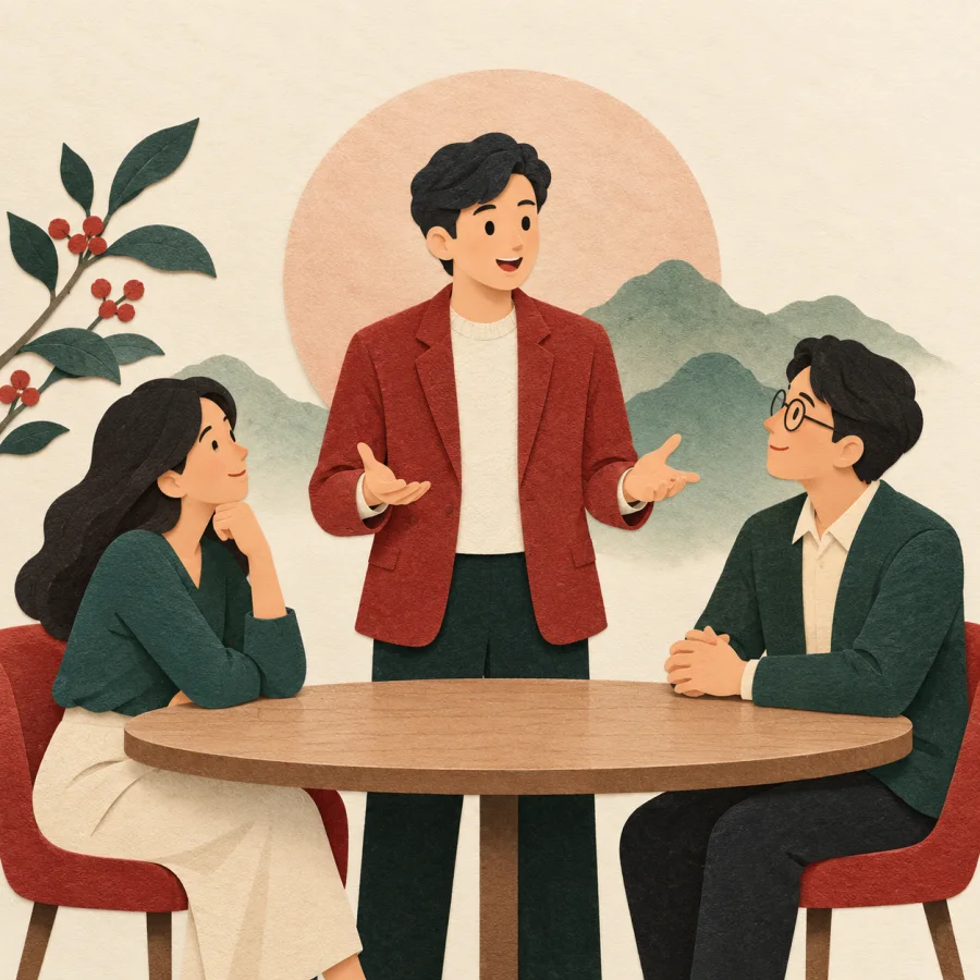 A person speaking openly to colleagues at a meeting table