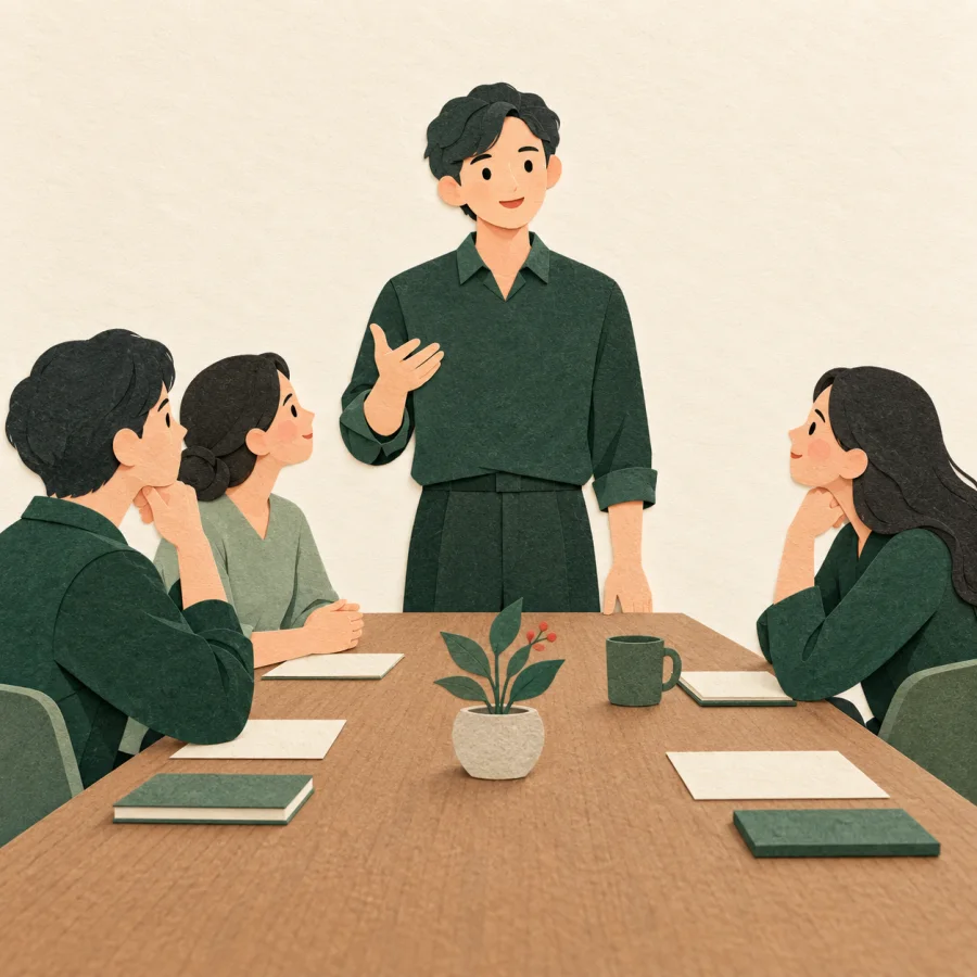 A person honestly addresses a small group seated around a table