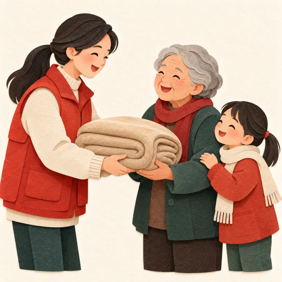 A volunteer hands a folded blanket to an older person