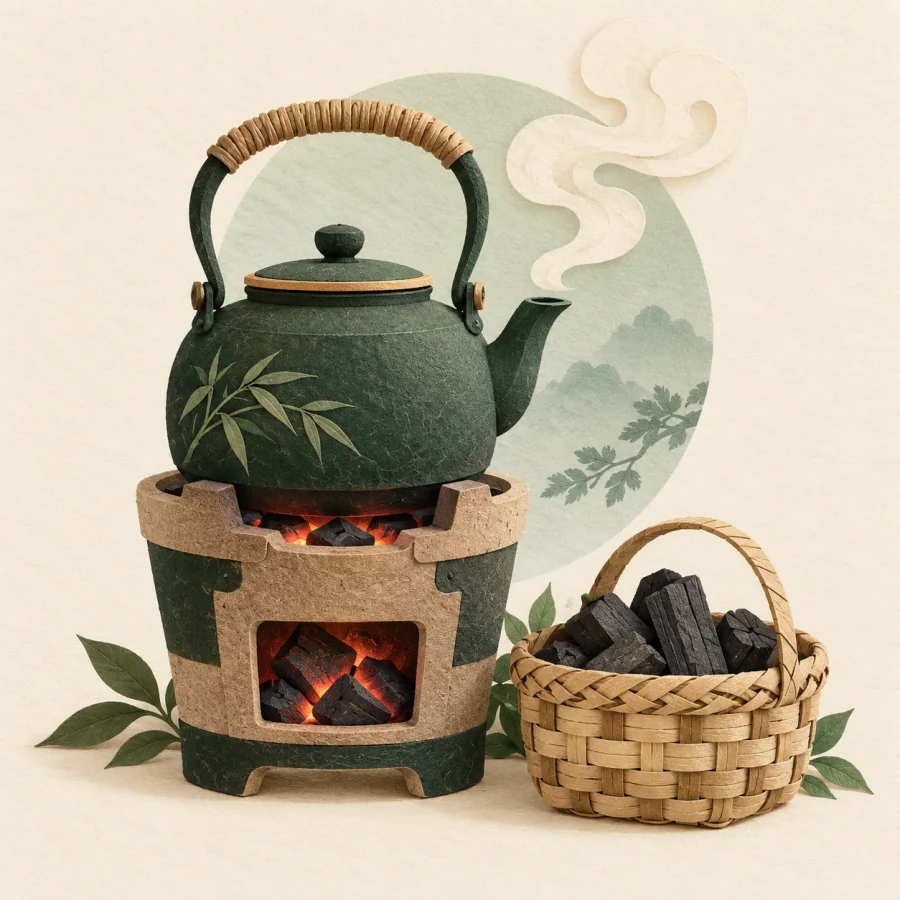 A kettle sits on a charcoal stove beside a basket of charcoal