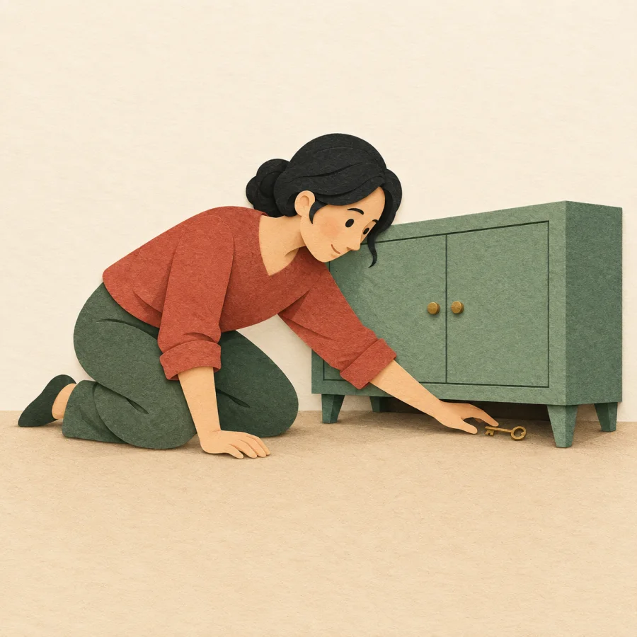 A person kneels and feels around beneath a low cabinet