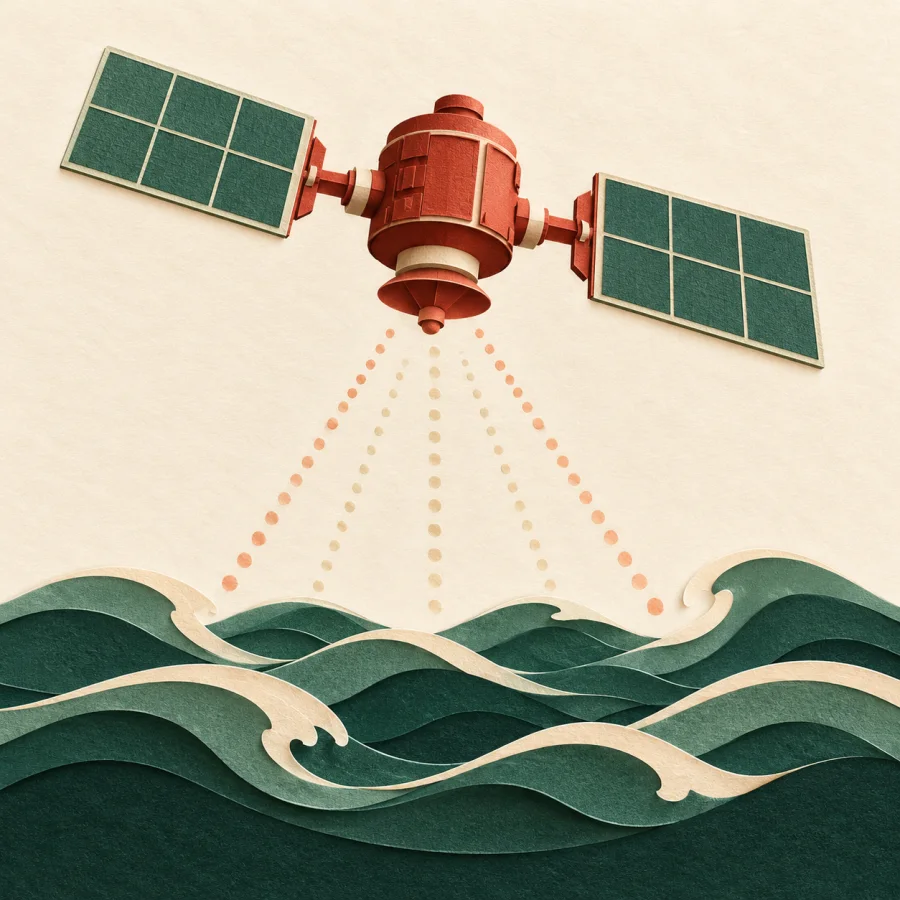 A satellite scans the sea with wavy water drawn below