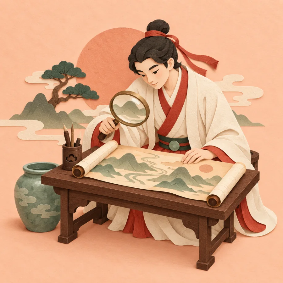 A scholar examines a rolled-up map through a magnifying glass