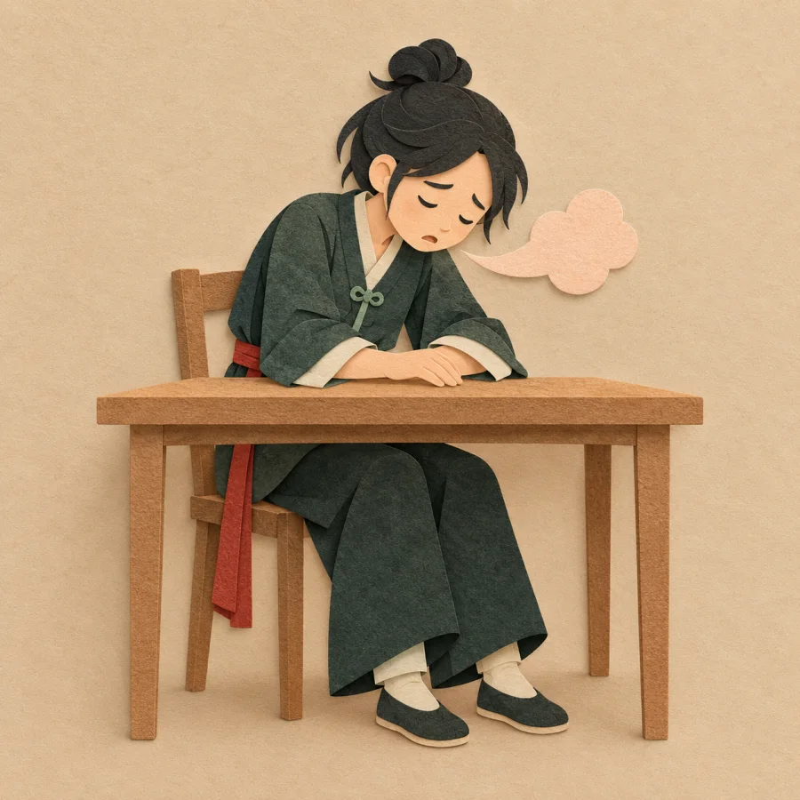 A weary person sits at a table and breathes out a small cloud of air