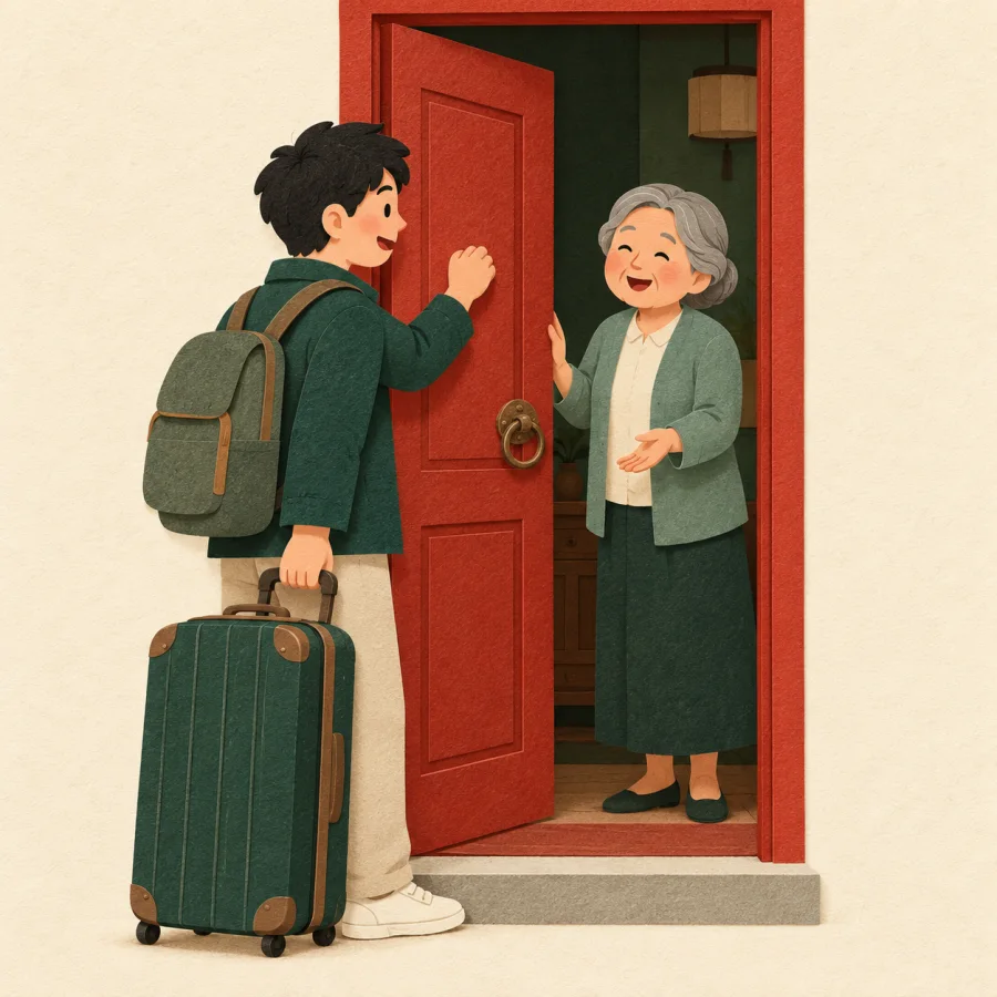 A traveler with a suitcase knocks on a red house door