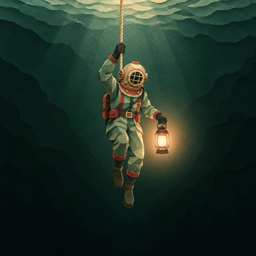 A diver with a lantern descends into dark deep water