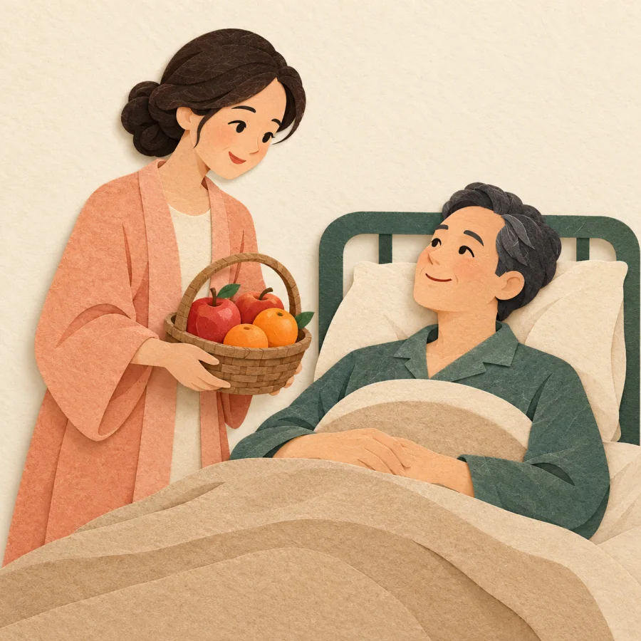 A person with a fruit basket visits a patient resting in a hospital bed