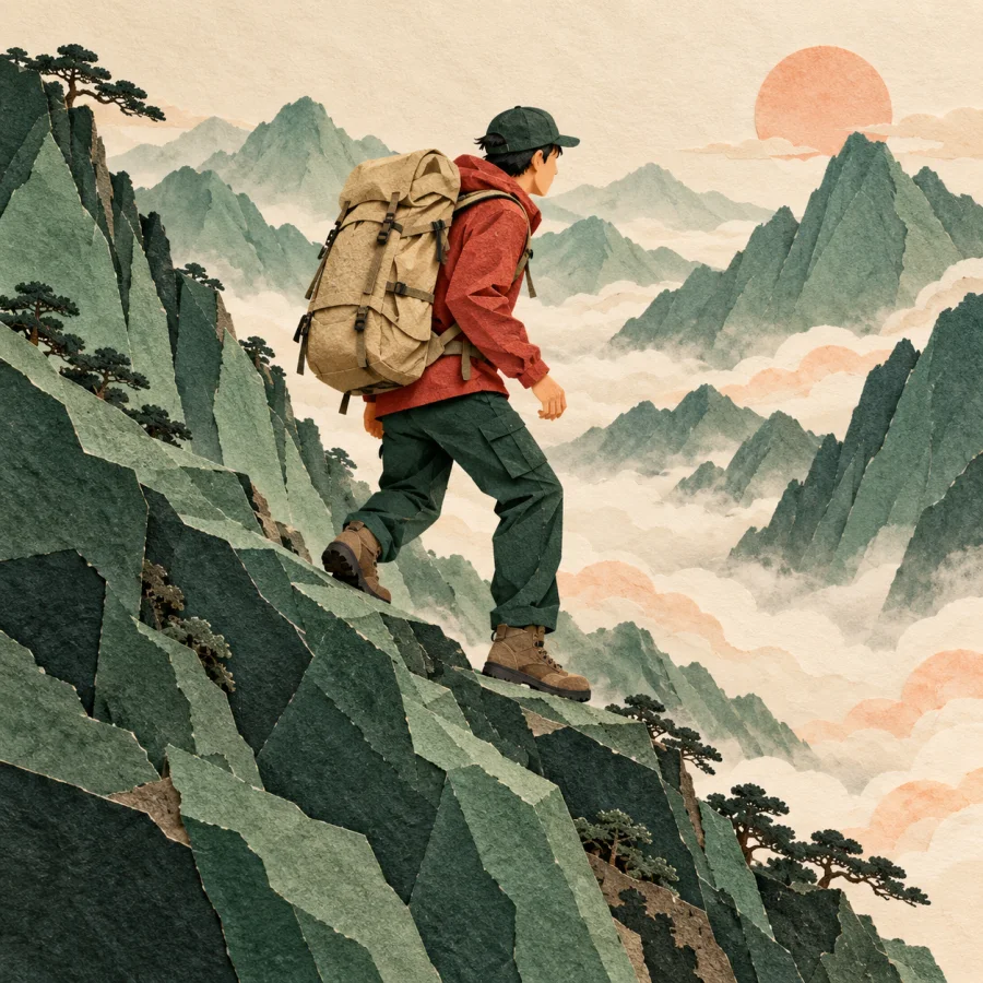 A hiker with a backpack walks along a misty mountain ridge