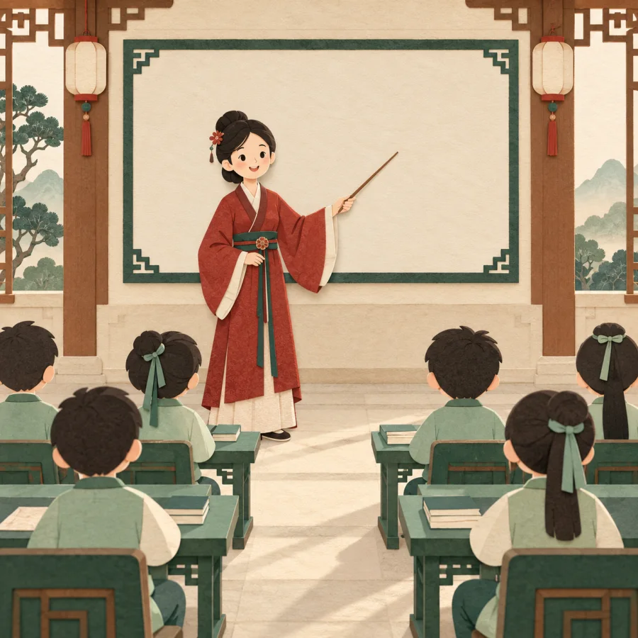 A teacher explains a topic to seated students in a large hall