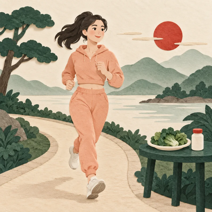 A person jogs past a table holding fresh vegetables and a pill bottle
