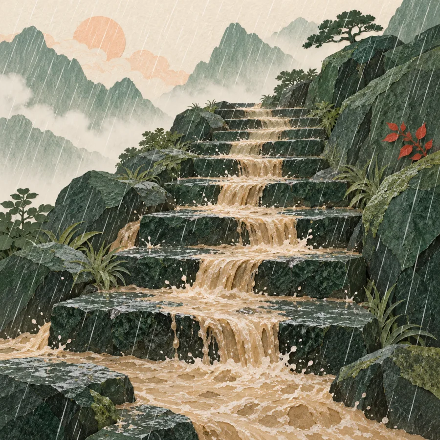 Murky water flows down wet stone steps during rain