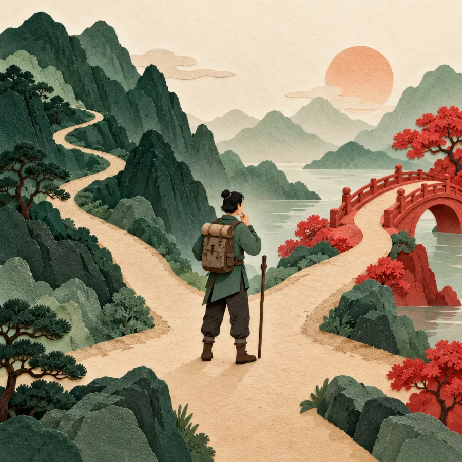 A traveler with a stick hesitates at a fork between two mountain paths.