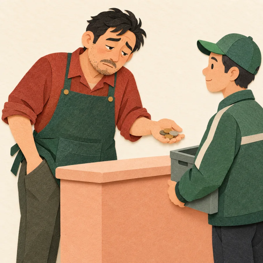 A tired shopkeeper pulls coins from his pocket to pay a waiting courier.