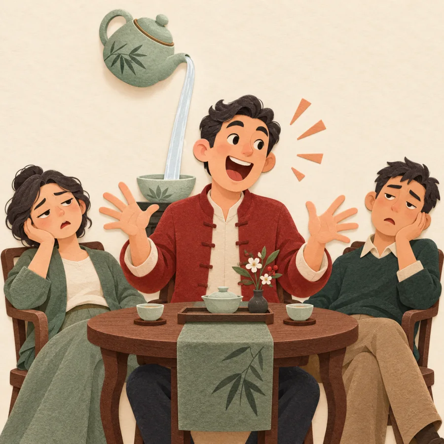 An animated man talks nonstop at a tea table while two listeners look tired.