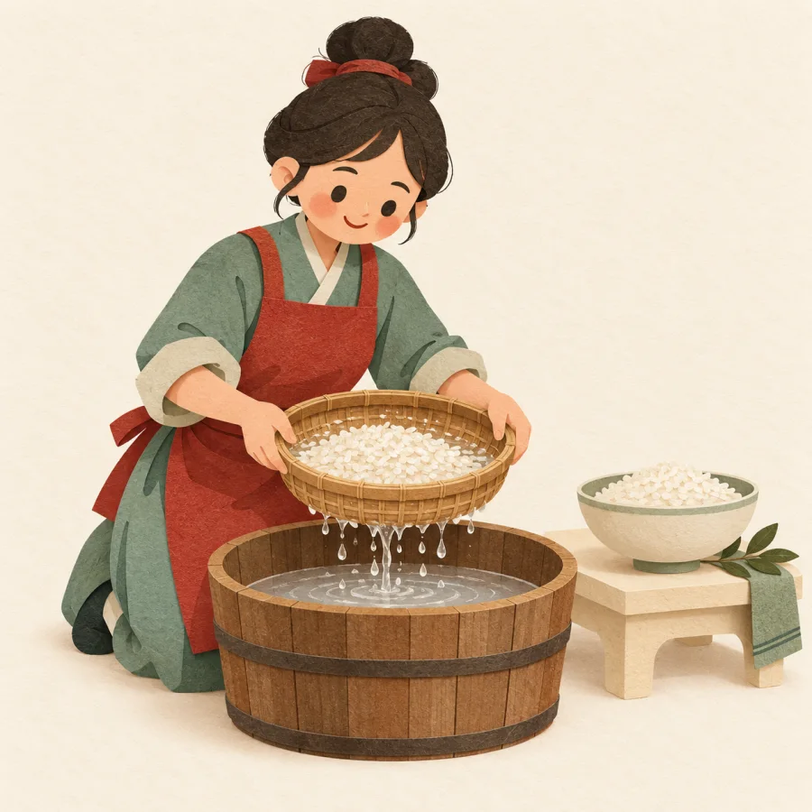 A cook rinses rice in a sieve beside a wooden basin.