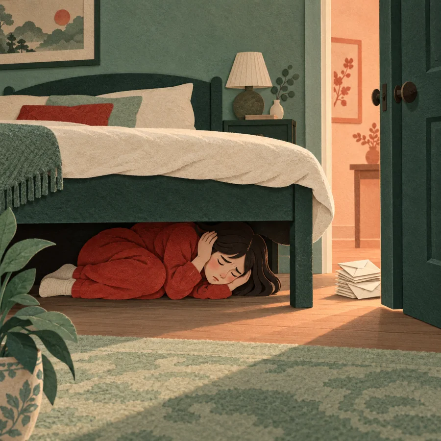 A person hides under a bed while envelopes wait by the door.