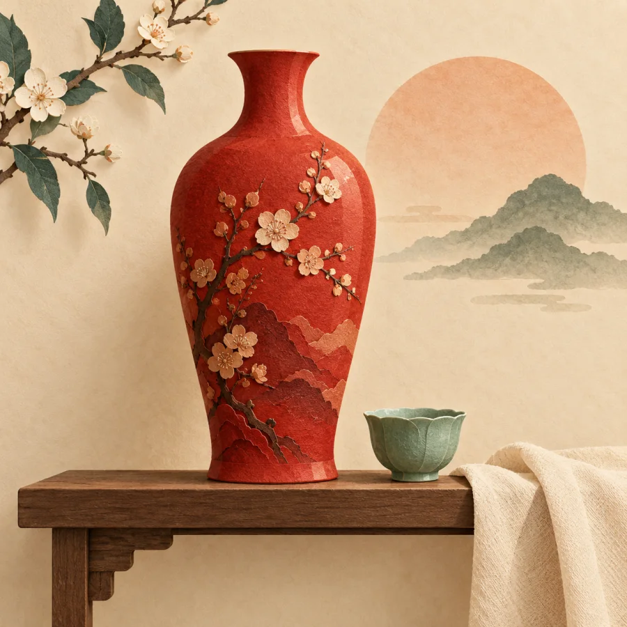 A red porcelain vase on a shelf beside a teacup