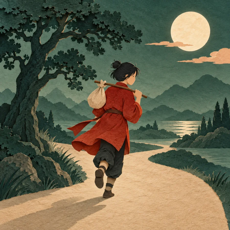 A person leaving at night with a bundle over their shoulder