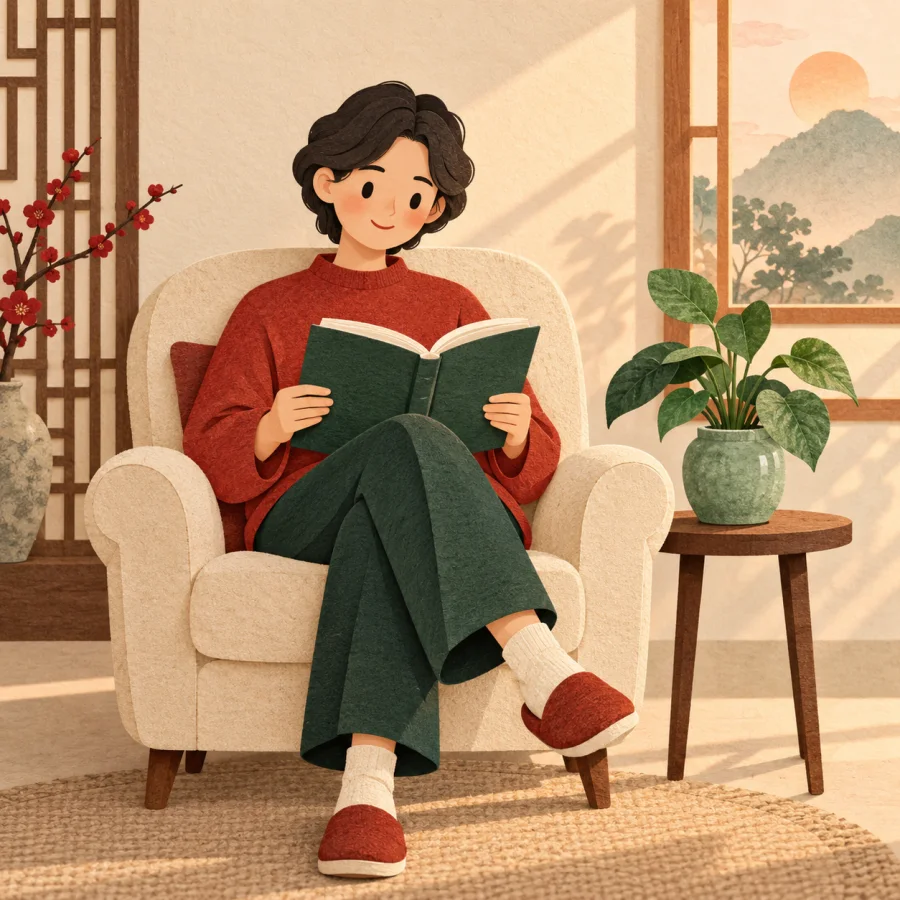 A person quietly reading a book beside a jade plant