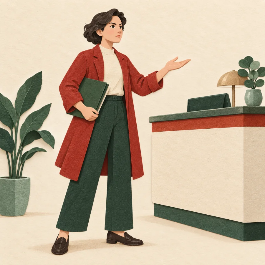 A person at a service counter with a folder, raising a hand to demand answers