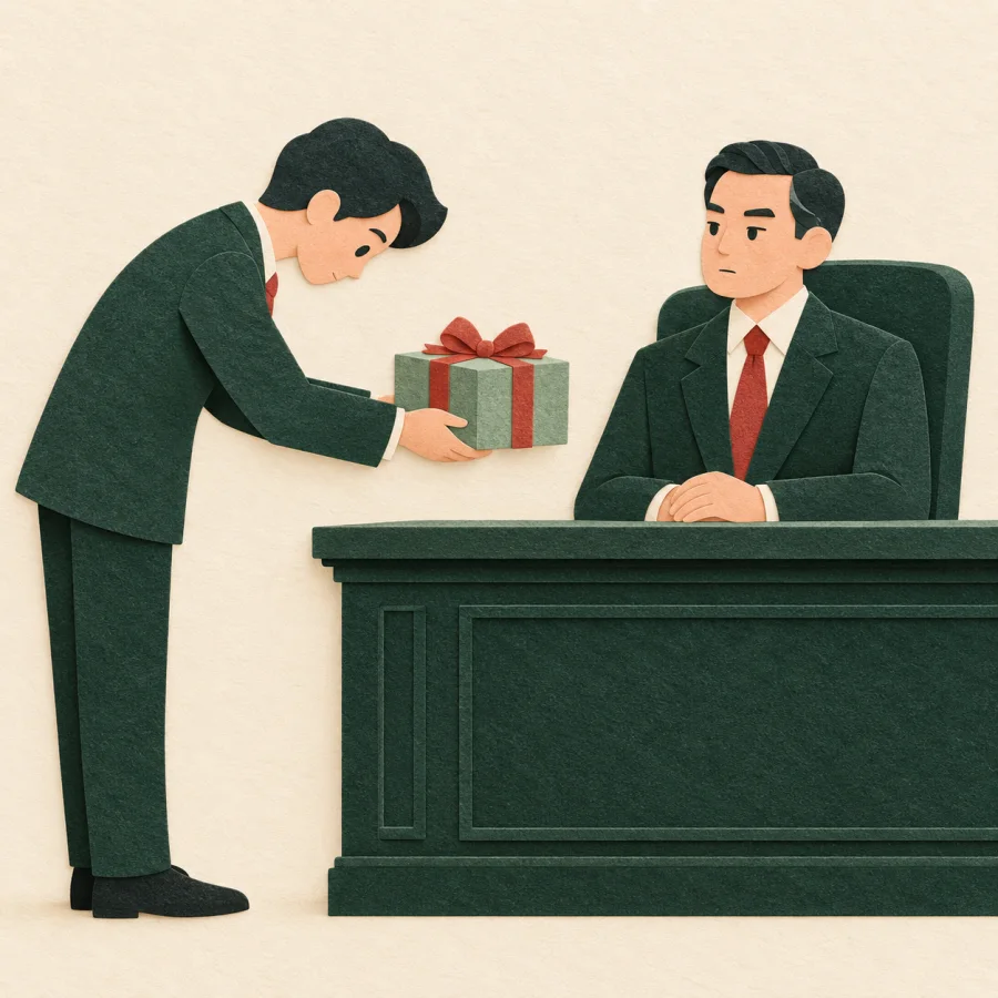 A person bows while offering a wrapped gift to someone seated at a desk